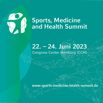 Das Bild zeigt ein Piktogramm eines Menschen, der die Arme in die Luft streckt. Neben dem Piktogramm steht Sports, Medicine and Health Summit sowie 22. - 24. Juni 2023 und Congress Center Hamburg (CCH).